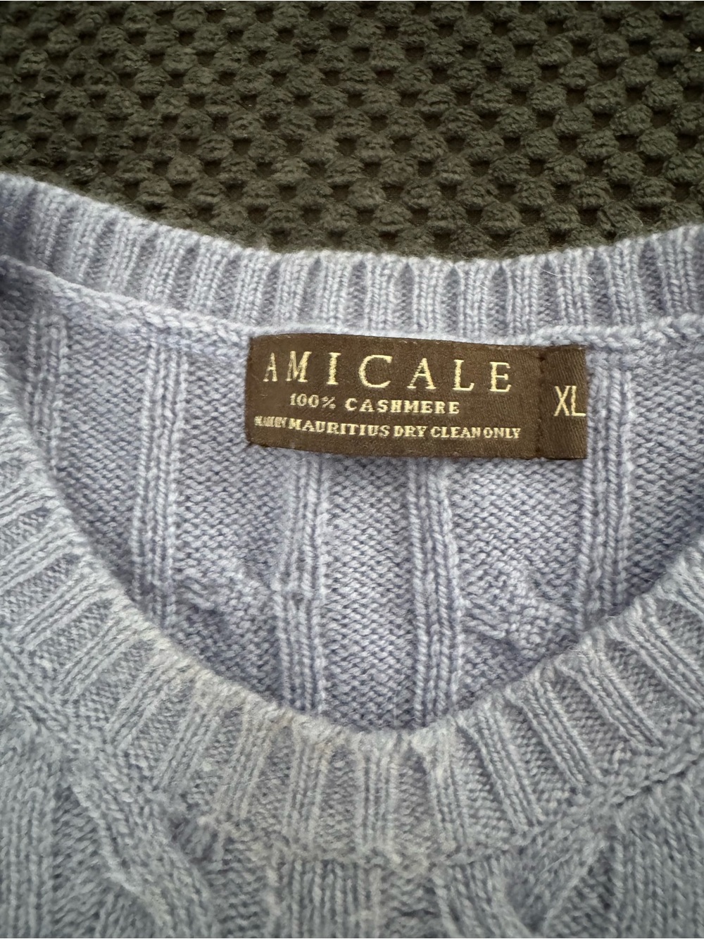 Amicale 100% Cashmere Light Blue Cable Knit Sweater XL